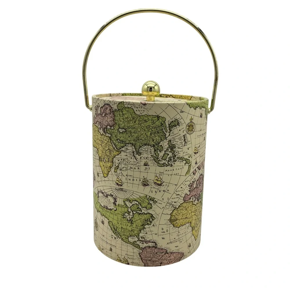 Mr Ice Bucket World Map 5 quart Gold Handle Lid Barware‎ Home Decor